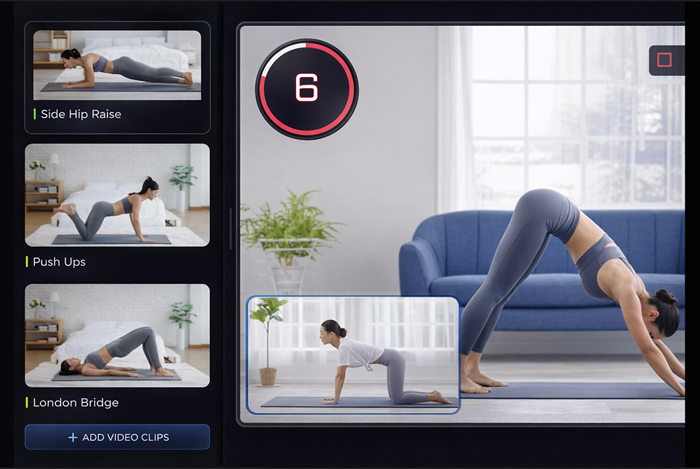 Automatic workout video creator showing exercise clips auto-linked by name with customizable durations