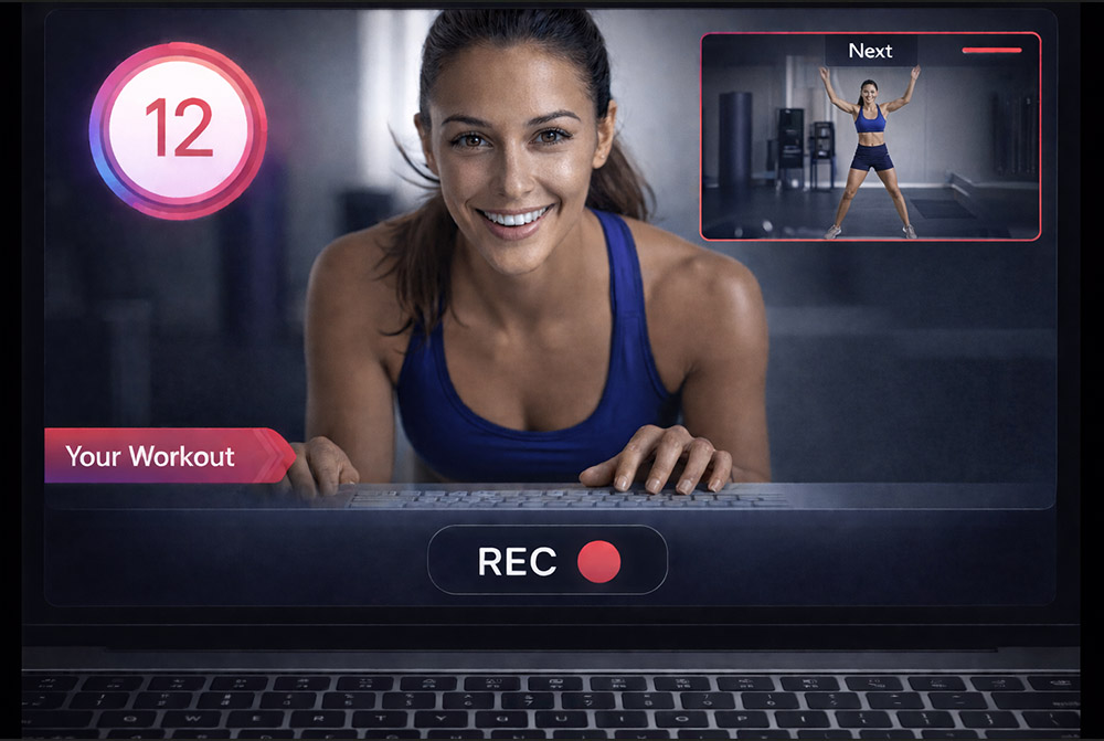 Fitness video recorder with real-time countdown timer, exercise name overlay, and custom logo graphics