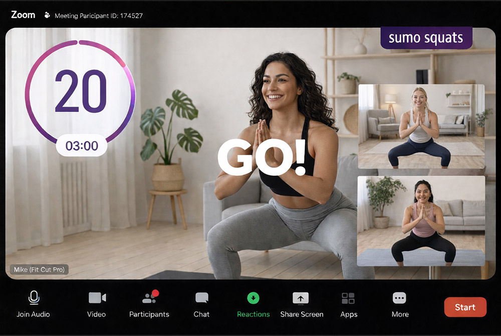 Fit Cut Pro Zoom workout timer overlay showing exercise countdown and graphics during a live online training session